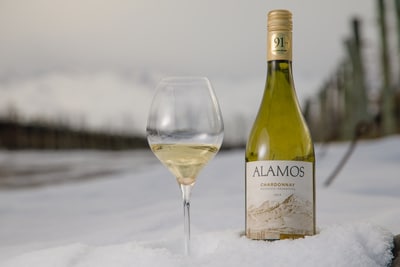 Alamos wijnfles in sneeuw